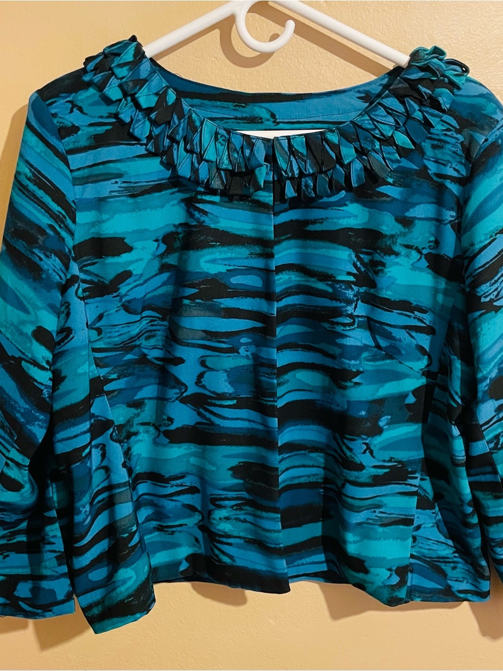 Teal and Black Patterned Women's Pleated-Trim Blouse